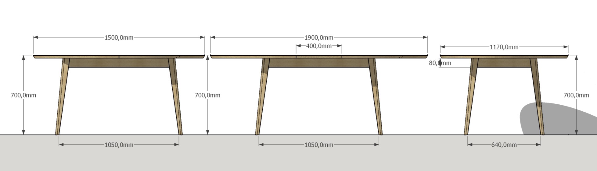 plan 3D table à rallonge chêne massif meubles sur mesure / plan 3D table à rallonge chêne massif